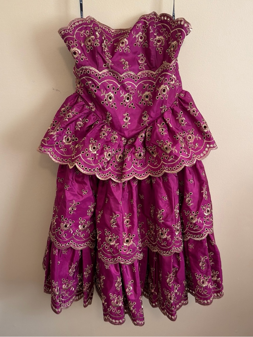 Betsey Johnson Fuchsia Embroidered Tiered Peplum Dress